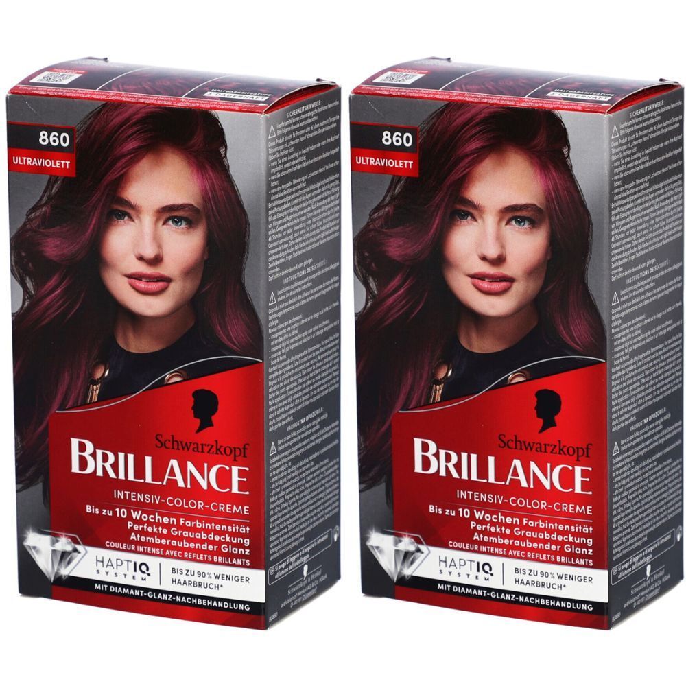 Deux boîtes de coloration Schwarzkopf Brillance 860 Violet Intense. Inscriptions : Brilliance, Intensiv-Color-Creme, HAPTIC System.