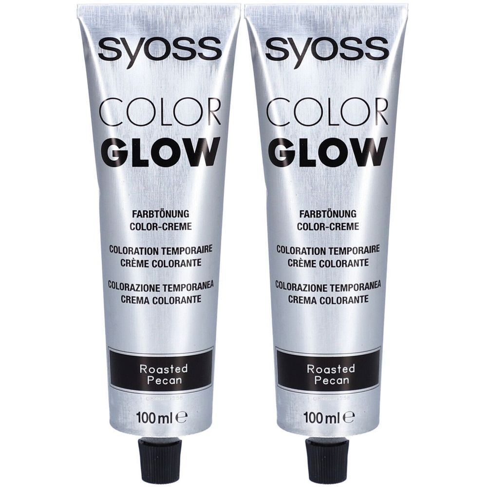 Deux tubes de SYOSS Color Glow, teinte Roasted Pecan. Tubes argentés avec bouchon noir. Texte : Color Glow, 100 ml.