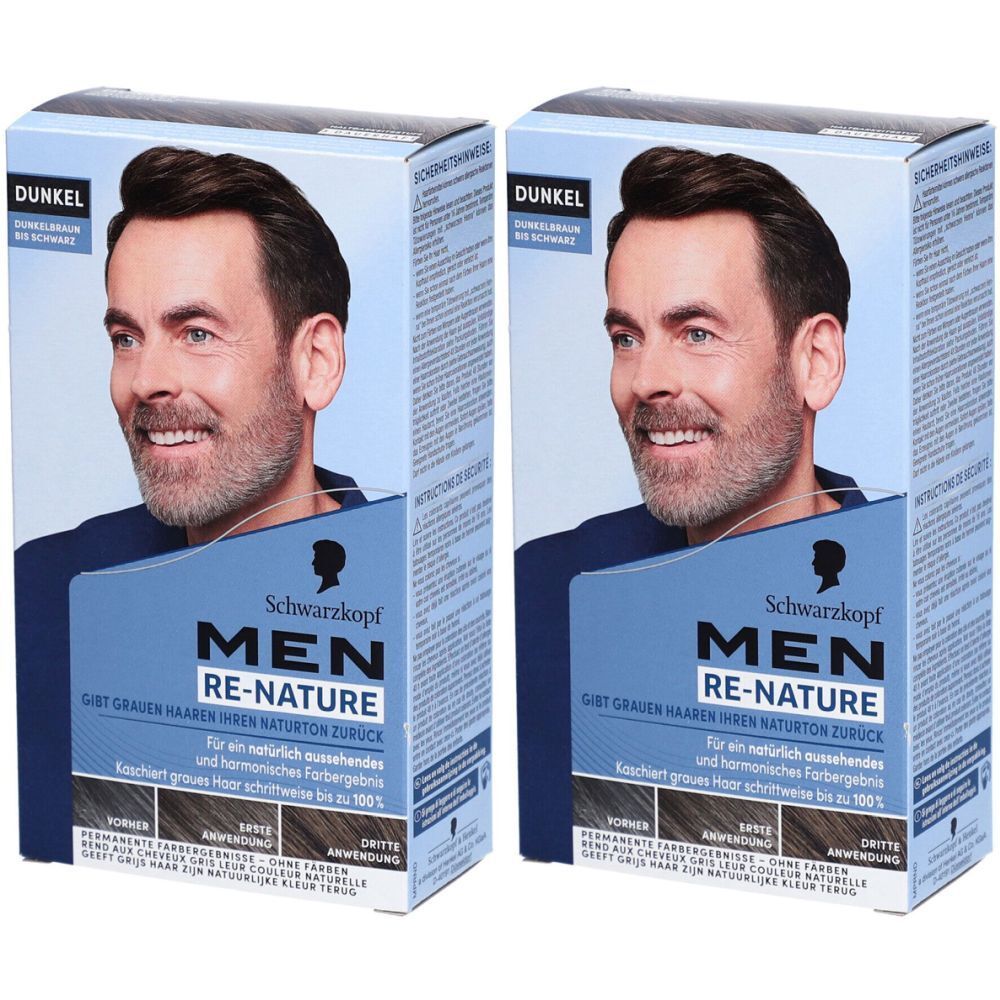 Deux boîtes de Schwarzkopf Re-Nature pour hommes. Inscription : Dunkel, Men, Re-Nature. Produit de coloration naturelle.