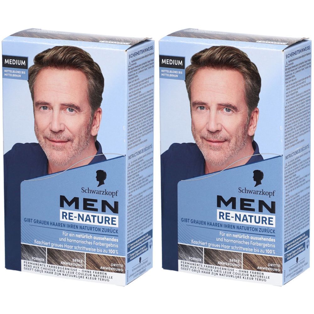 Zwei Schachteln Schwarzkopf Re-Nature für Männer. Aufdruck: Medium, Men, Re-Nature. Abbildung eines Mannes.