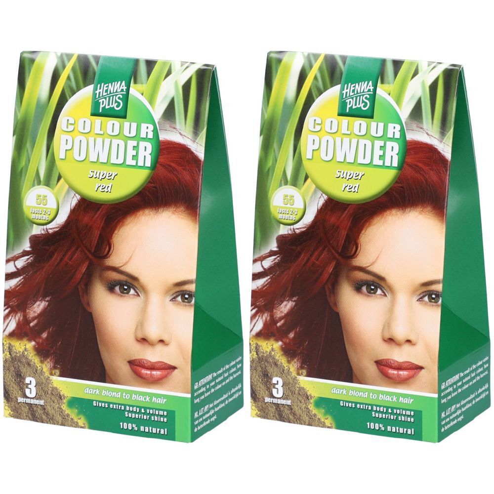 Zwei Packungen Henna Plus Colour Powder Super Rouge. Grün-weiße Verpackung mit Frauenporträt und Produktbezeichnung.