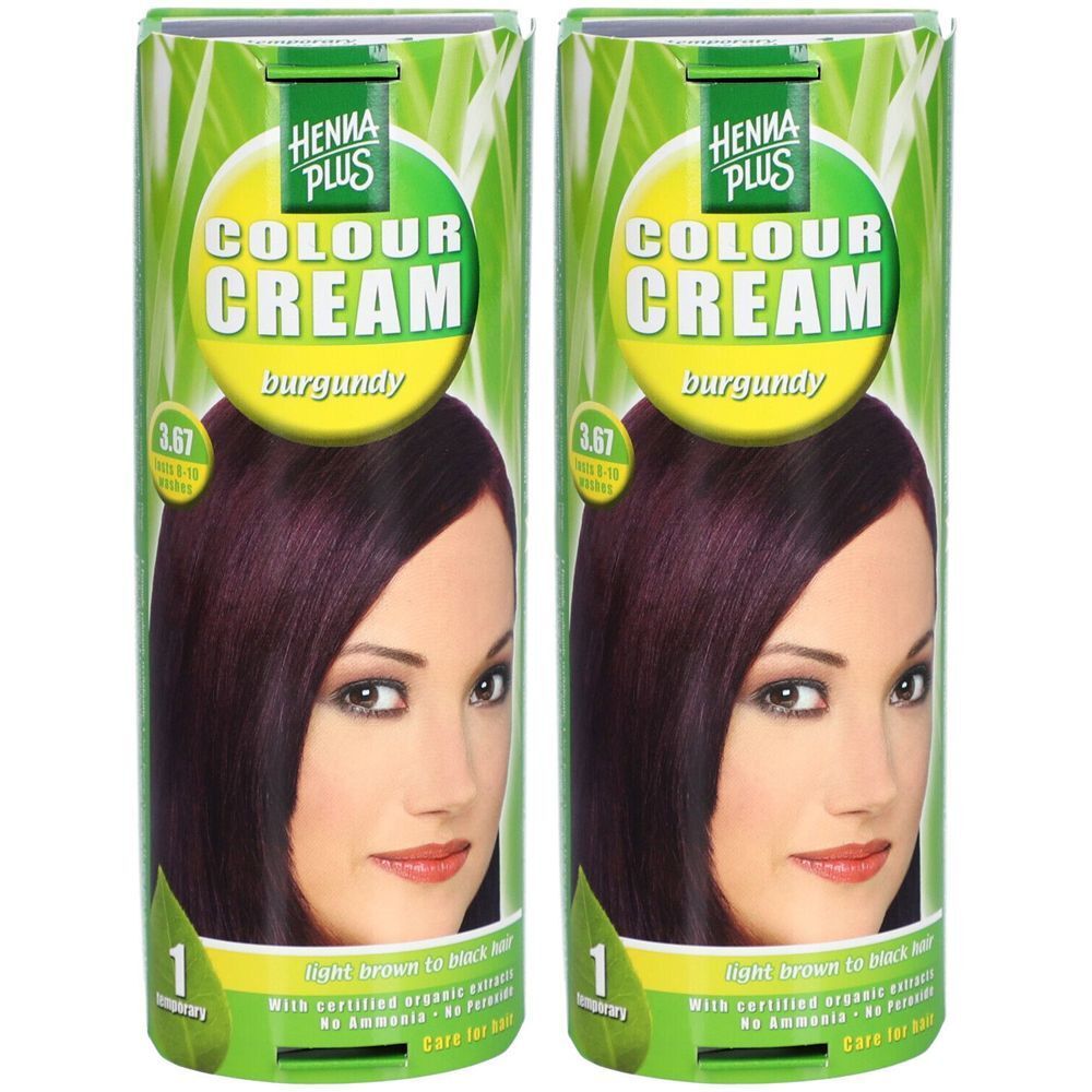 Deux boîtes de HENNA PLUS Colour Cream, bordeaux. Inscription : Colour Cream, 3.67, pour cheveux châtain clair à noirs.