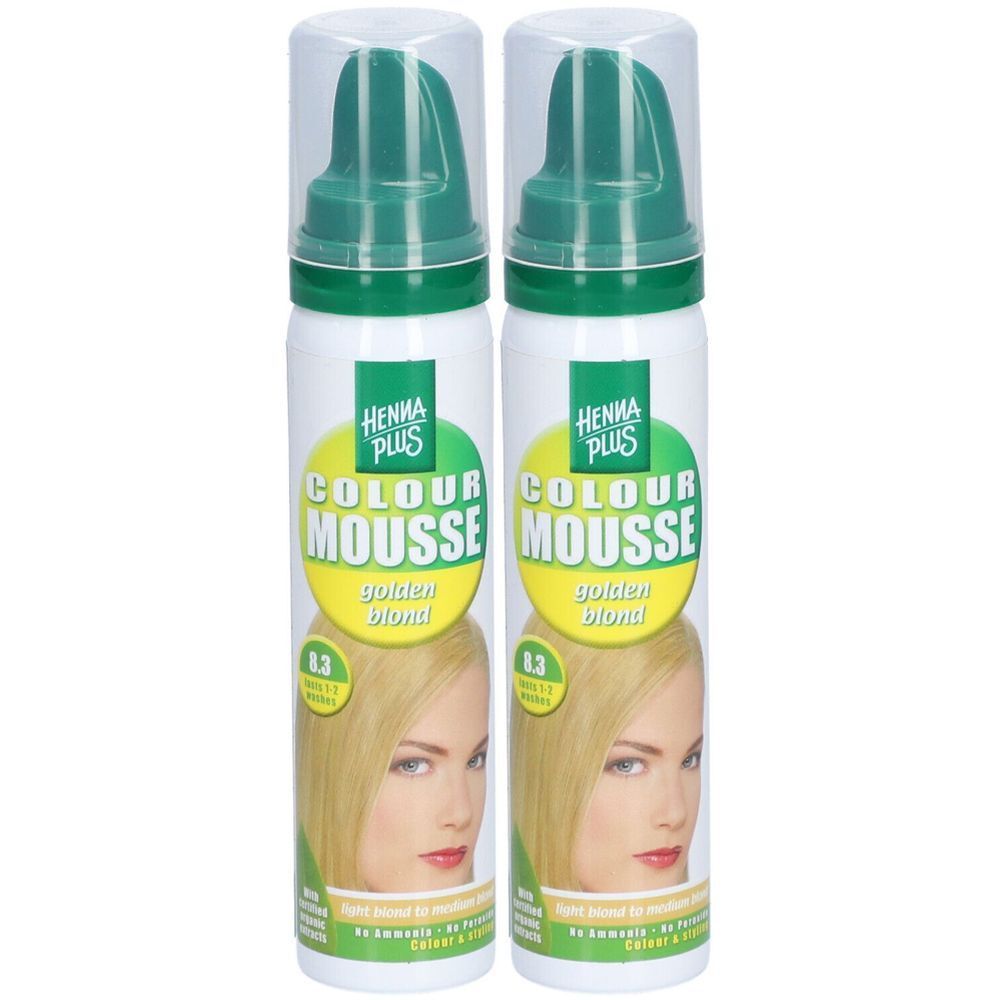 Zwei Flaschen Henna Plus Colour Mousse 8.3 Goldblond. Weiße Flaschen mit grünem Sprühkopf und Deckel. Aufdruck mit Produktname und Abbildung.