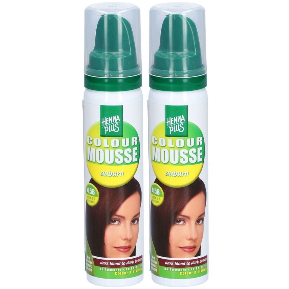 Deux flacons de mousse colorante. Inscription : Henna Plus Colour Mousse Auburn. Avec des bouchons verts et des images de femmes.
