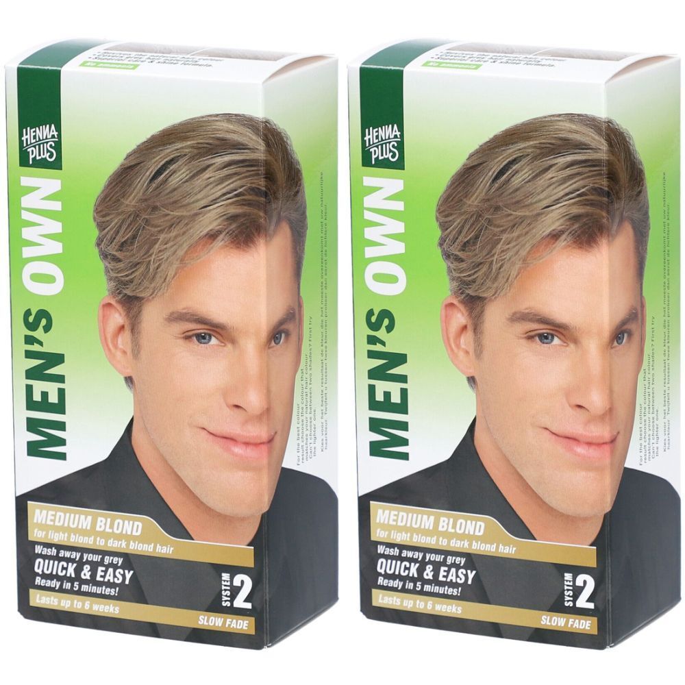 Deux boîtes de HENNA PLUS Men's Own Blond Moyen. Inscription : Medium Blond, Quick & Easy, System 2. Image d'un homme aux cheveux blonds.