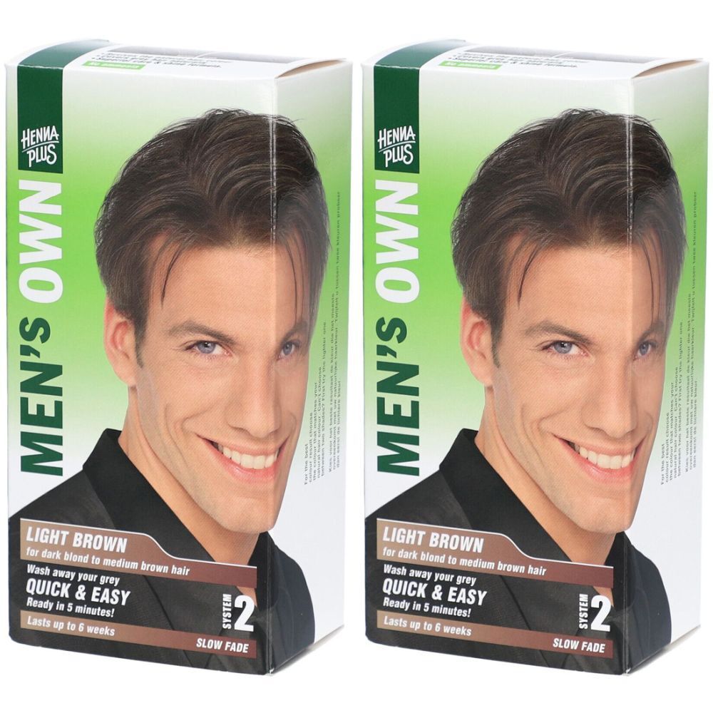 Zwei Packungen Haarfarbe. Auf der Verpackung ist ein Mann abgebildet. Text: LIGHT BROWN, QUICK & EASY, MEN'S OWN, System 2.