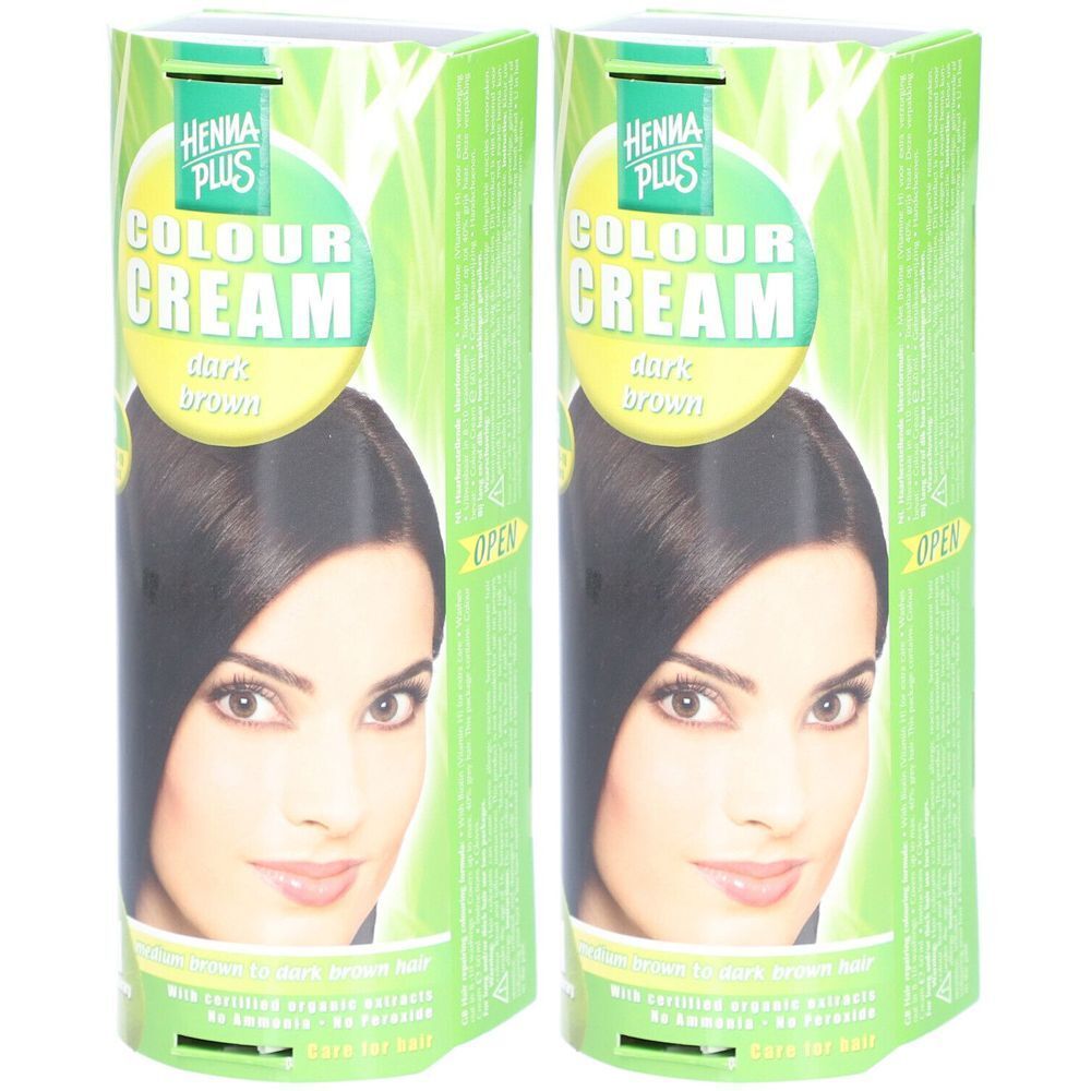 Zwei Packungen Haarfarbe. Aufschrift: HENNA PLUS Colour Cream, dunkelbraun. Abbildung einer Frau mit braunen Haaren.
