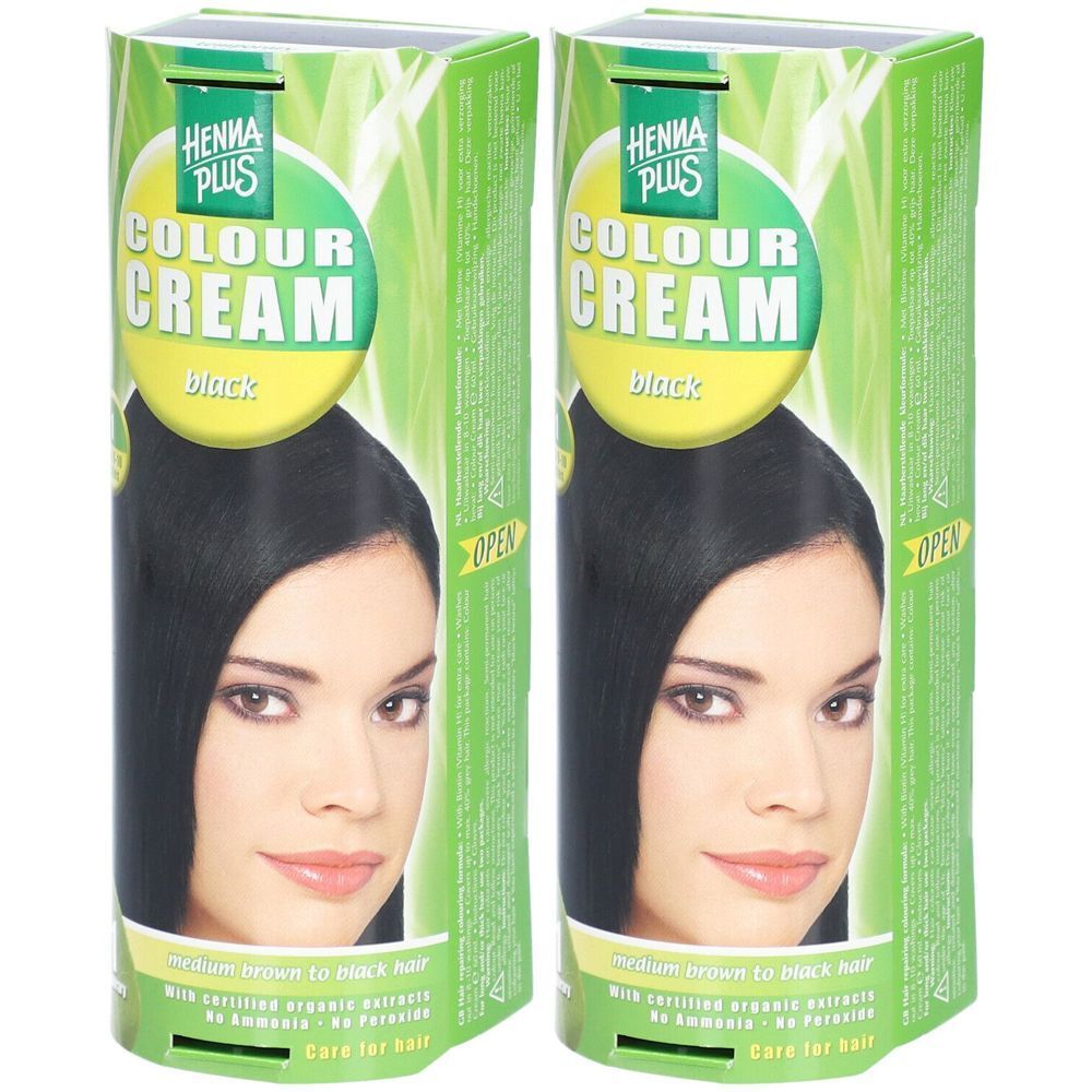 Deux boîtes de Henna Plus Colour Cream noir. Texte : "Care for hair". Image d'une femme aux cheveux noirs.