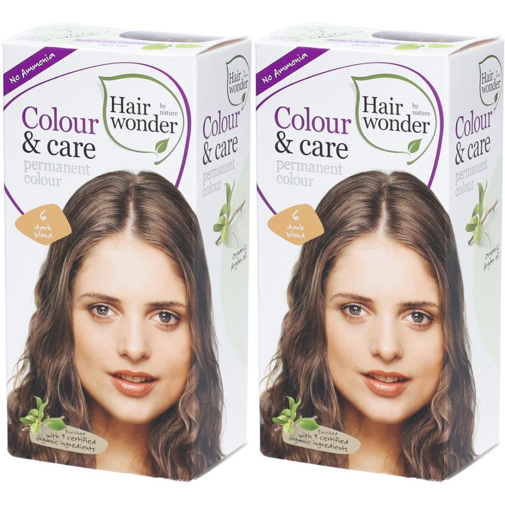 Deux boîtes de coloration capillaire. Inscription : Hairwonder Colour & Care, permanent colour. Image d'une femme aux cheveux bruns.