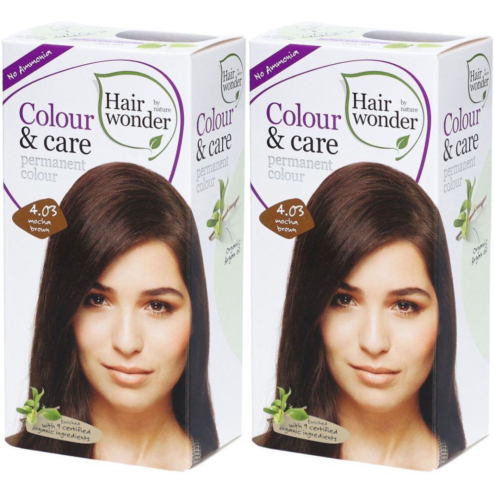 Deux boîtes de coloration capillaire. Inscription : Hair Wonder, Colour & Care, 4.03 Mokkabraun. Image d'une femme aux cheveux bruns.