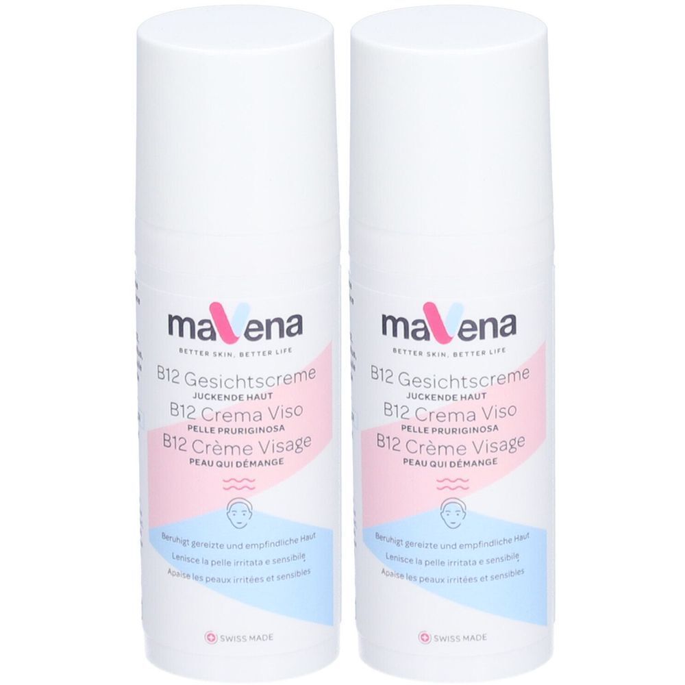 Zwei weiße Flaschen mit rosa und blauer Beschriftung. Aufschrift: mavena B12 Gesichtscreme, B12 Crème Visage.