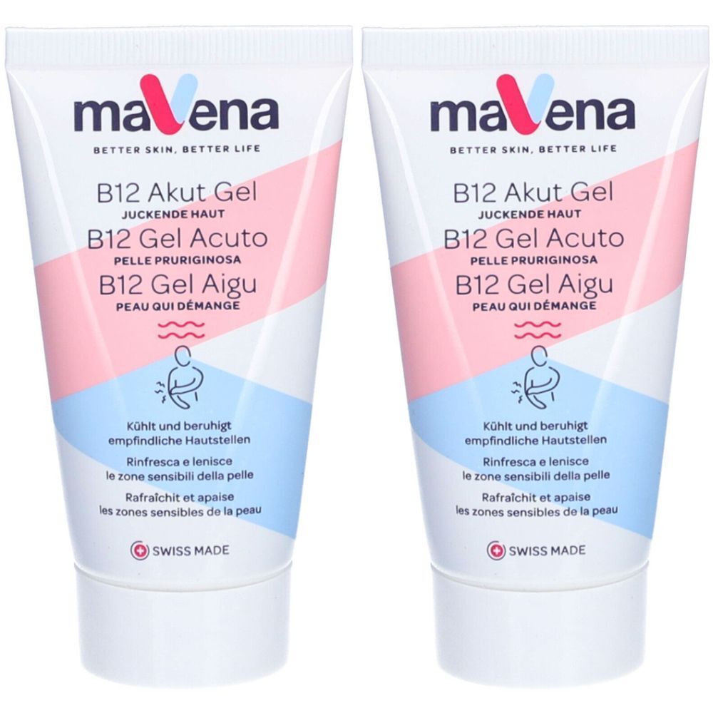 Zwei Tuben Mavena B12 Gel. Weiß, mit rosa und blauem Design. Text: B12 Akut Gel, B12 Gel Acuto, B12 Gel Aigu. Swiss Made.