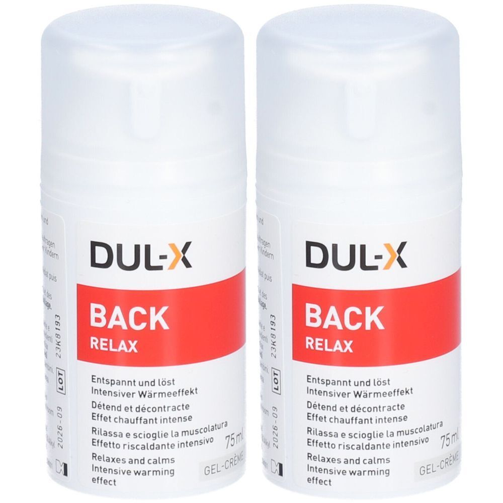 Zwei weiße Gel-Creme-Tuben mit rotem Etikett. Aufschrift: DUL-X BACK RELAX. Text in Deutsch, Französisch, Italienisch und Englisch.