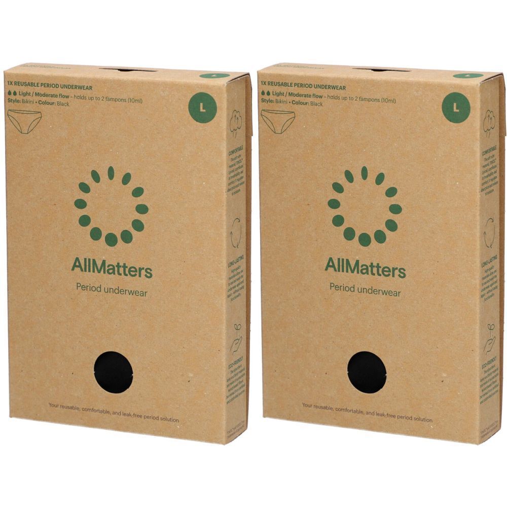 Zwei Kartons mit AllMatters Periodenunterwäsche. Größe L, braune Verpackung mit grünem Logo und Produktabbildung.