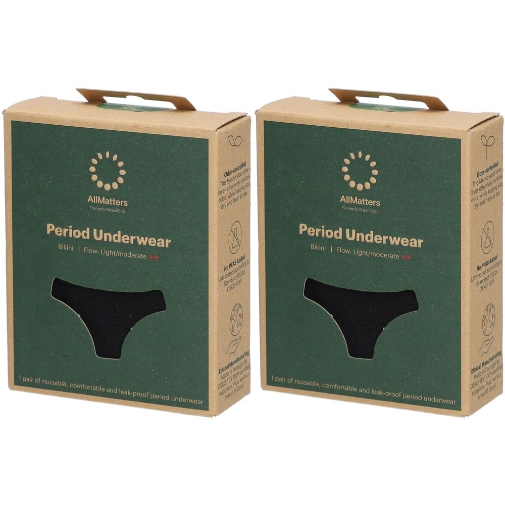 Zwei Kartons mit Periodenunterwäsche. Schwarze Unterwäsche ist auf der Vorderseite abgebildet. Aufschrift: AllMatters, Period Underwear.