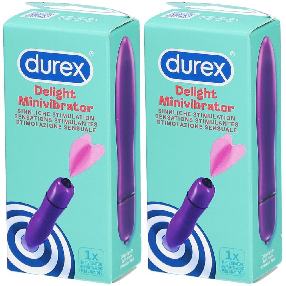 Zwei Packungen mit lila Minivibratoren. Auf den Verpackungen steht "durex Delight Minivibrator" in mehreren Sprachen.