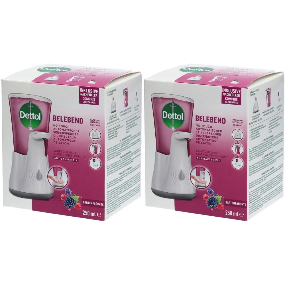 Zwei Dettol No-Touch Seifenspender-Starterpacks. Weiße Spender mit rosa Flüssigkeit, in Kartons mit Produktinformationen.