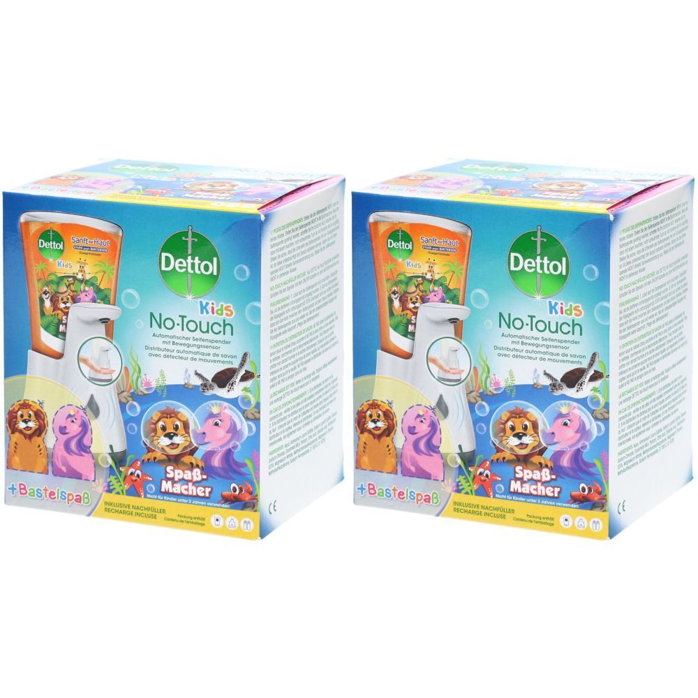 Zwei Dettol Kids No-Touch Starterpakete. Verpackung mit Produktabbildung und Schriftzug. Aufdrucke: Dettol, Kids, No-Touch, Spaß-Macher.