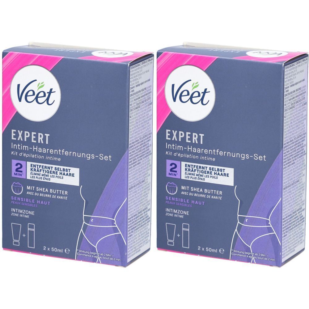 Zwei Packungen Veet Expert Intim-Haarentfernungs-Set. Aufdrucke: Expert, Intim-Haarentfernungs-Set, 2 Min, Shea Butter, sensible Haut, Intimzone.