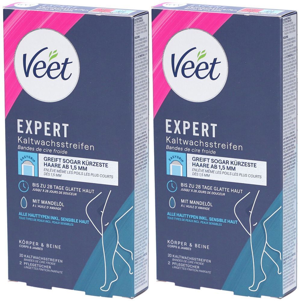 Zwei Packungen Veet Expert Kaltwachsstreifen. Blaue Verpackung mit pinkfarbenem Akzent. Schriftzug: Expert, Kaltwachsstreifen, für Körper & Beine.