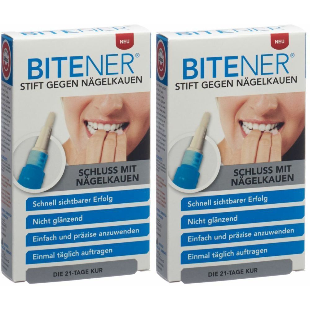 Zwei Packungen BITENER Stift gegen Nägelkauen. Weiße Schachteln mit blauem Schriftzug und Produktabbildung. Text: Schluss mit Nägelkauen.
