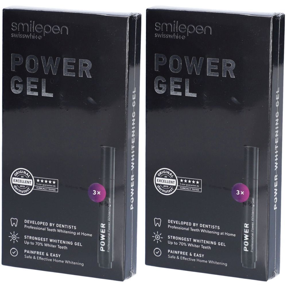 Zwei Schachteln SMILEPEN Power Gel. Schwarze Verpackung mit Produktnamen und Logo. Enthält einen Stift mit 3x Gel.