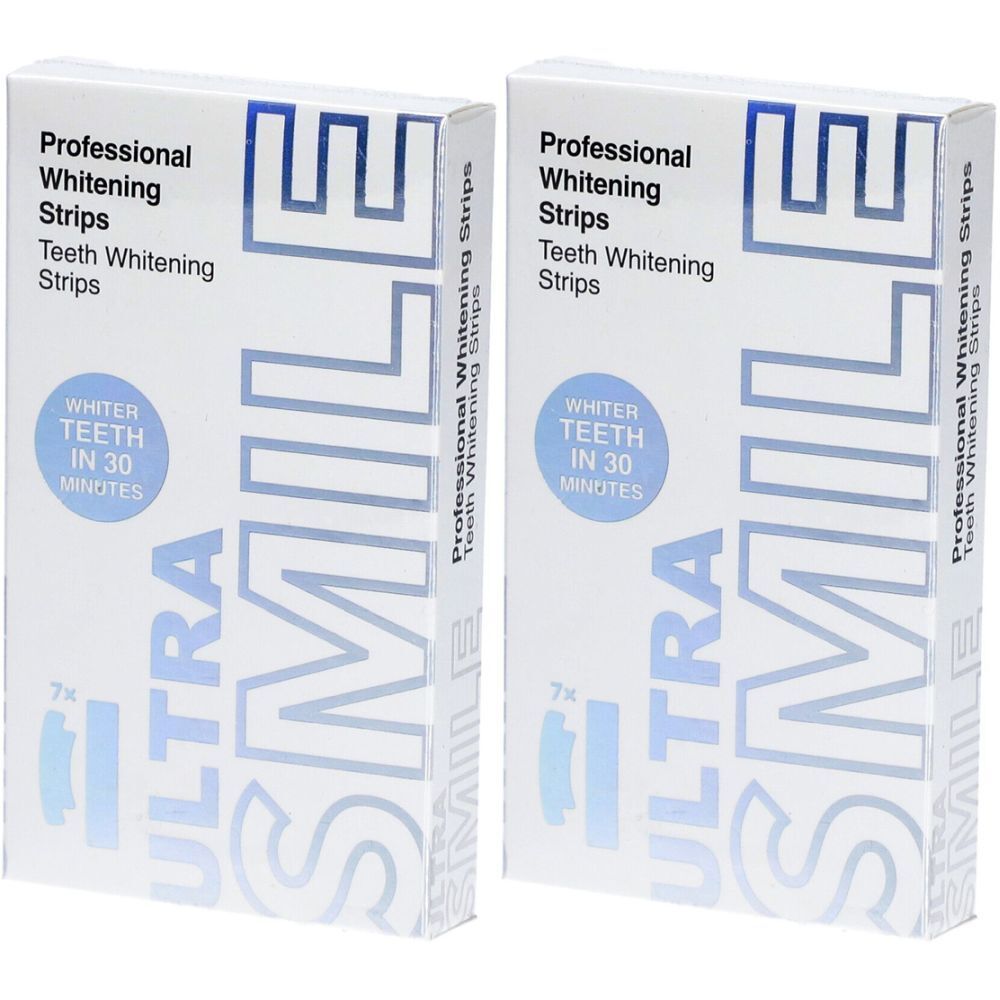 Zwei Schachteln mit "Professional Whitening Strips". Aufschrift: "ULTRA SMILE", "Whiter Teeth in 30 minutes".