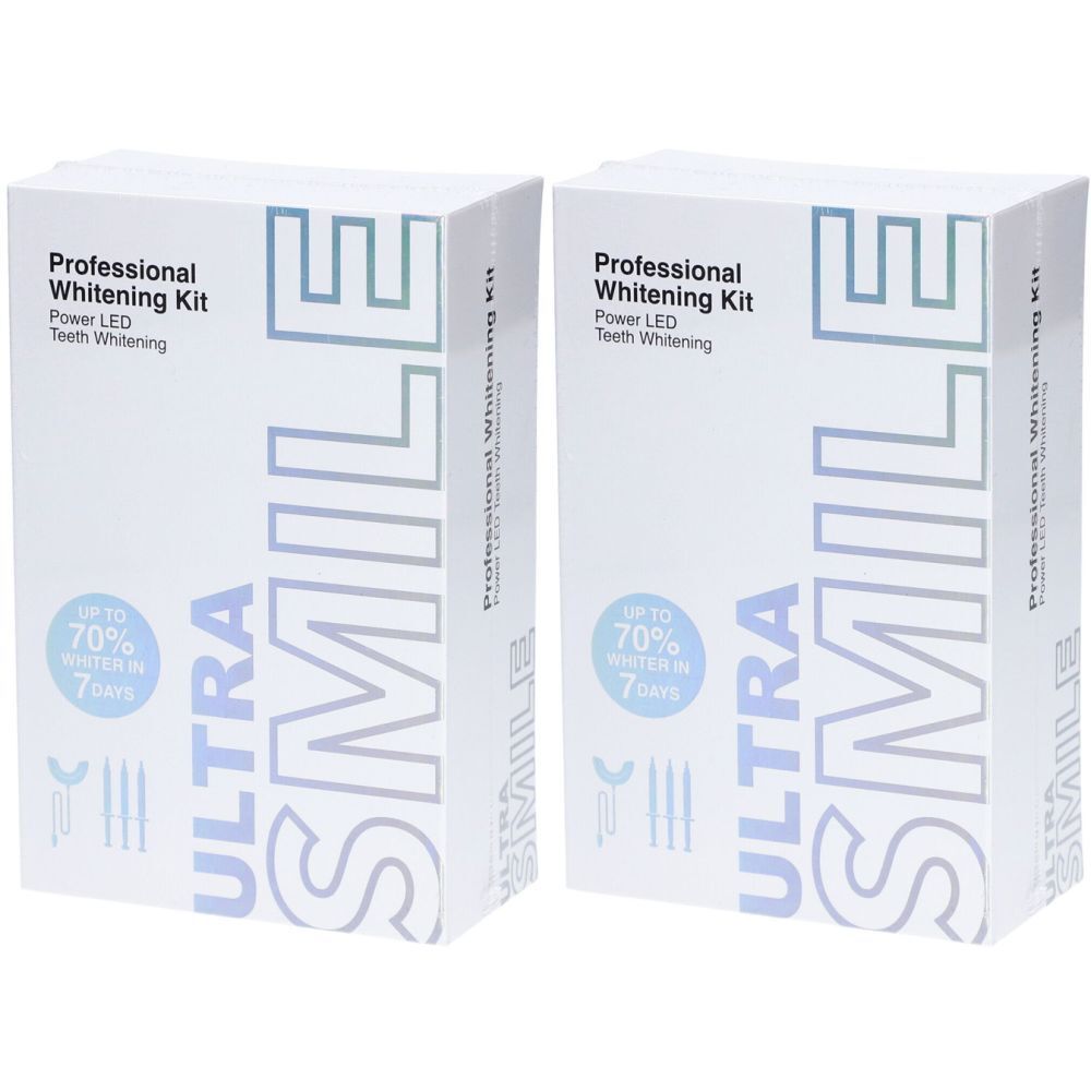 Zwei weiße Kartons mit dem Aufdruck "ULTRA SMILE Professional Whitening Kit". Text: "Bis zu 70% weißer in 7 Tagen".