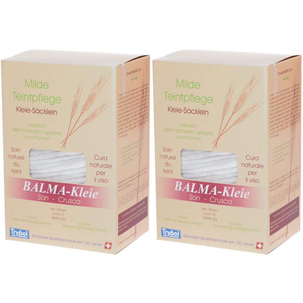 Zwei Kartons mit Aufschrift BALMA-Kleie. Text in Deutsch, Französisch und Italienisch. Logo Trybol.