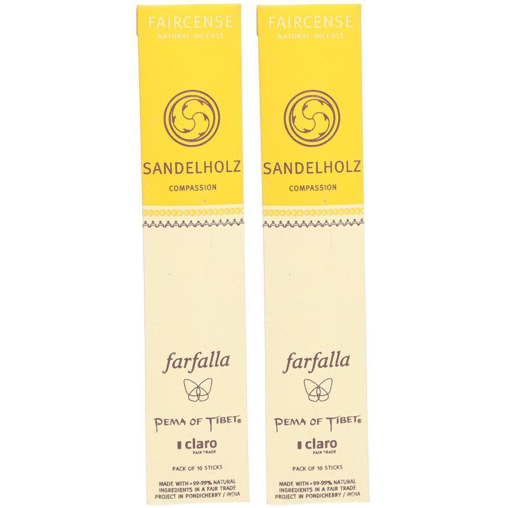 Zwei Packungen FAIRCENSE Räucherstäbchen. Gelbe Verpackung mit Schriftzug SANDELHOLZ, Logo und Text. Marke: farfalla, PEMA OF TIBET, claro. Packung mit 10 Stk.