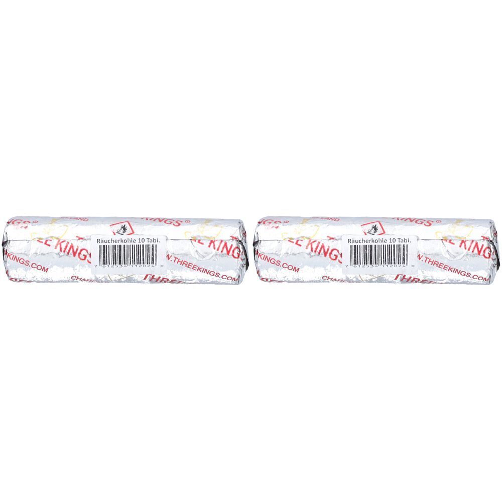 Zwei Rollen Räucherkohle. Silberne Verpackung mit roter Schrift. Aufschrift: THREE KINGS. Warnhinweis.