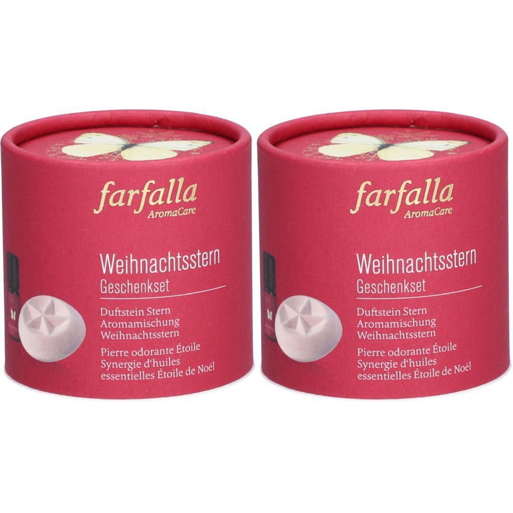 Deux coffrets cadeaux cylindriques rouges avec informations produit et une pierre parfumée en forme d'étoile. Logo et texte "farfalla" en haut.