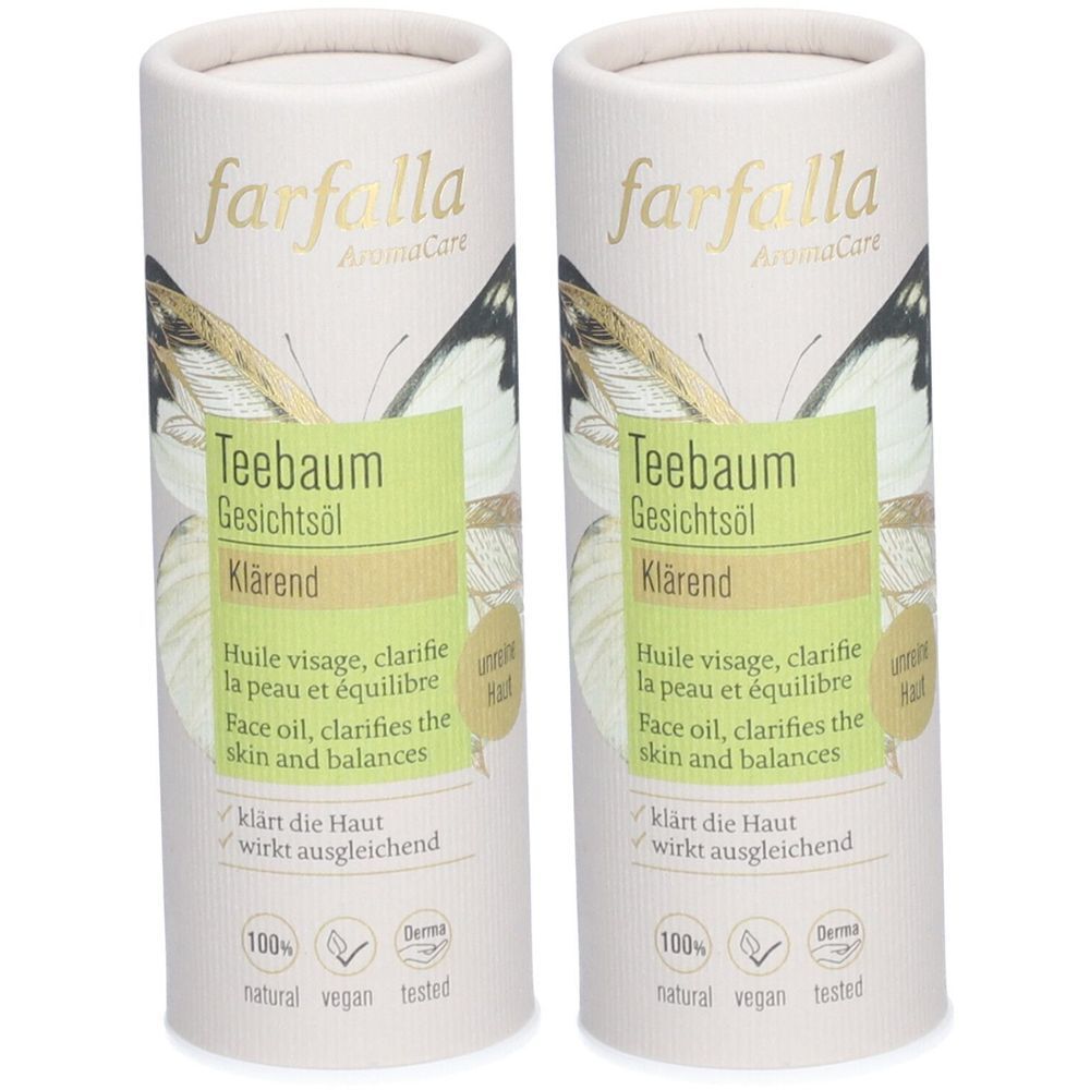 Zwei zylindrische Verpackungen mit Produktinformationen. Aufschrift: farfalla, Teebaum Gesichtsöl, Klärend. Logos: 100% natural, vegan, tested.