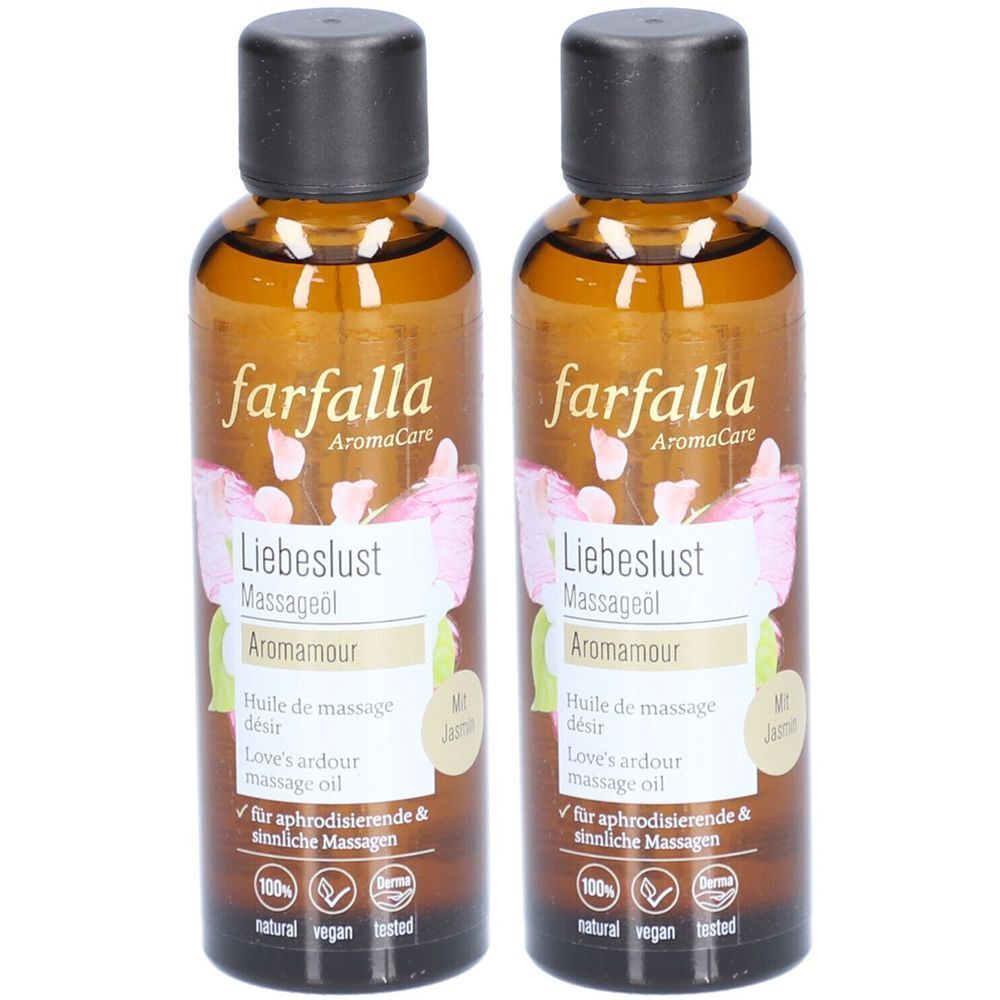 Deux flacons en verre brun avec bouchons noirs. Inscription : farfalla, Liebeslust Massageöl Aromamour. Avec motif floral.