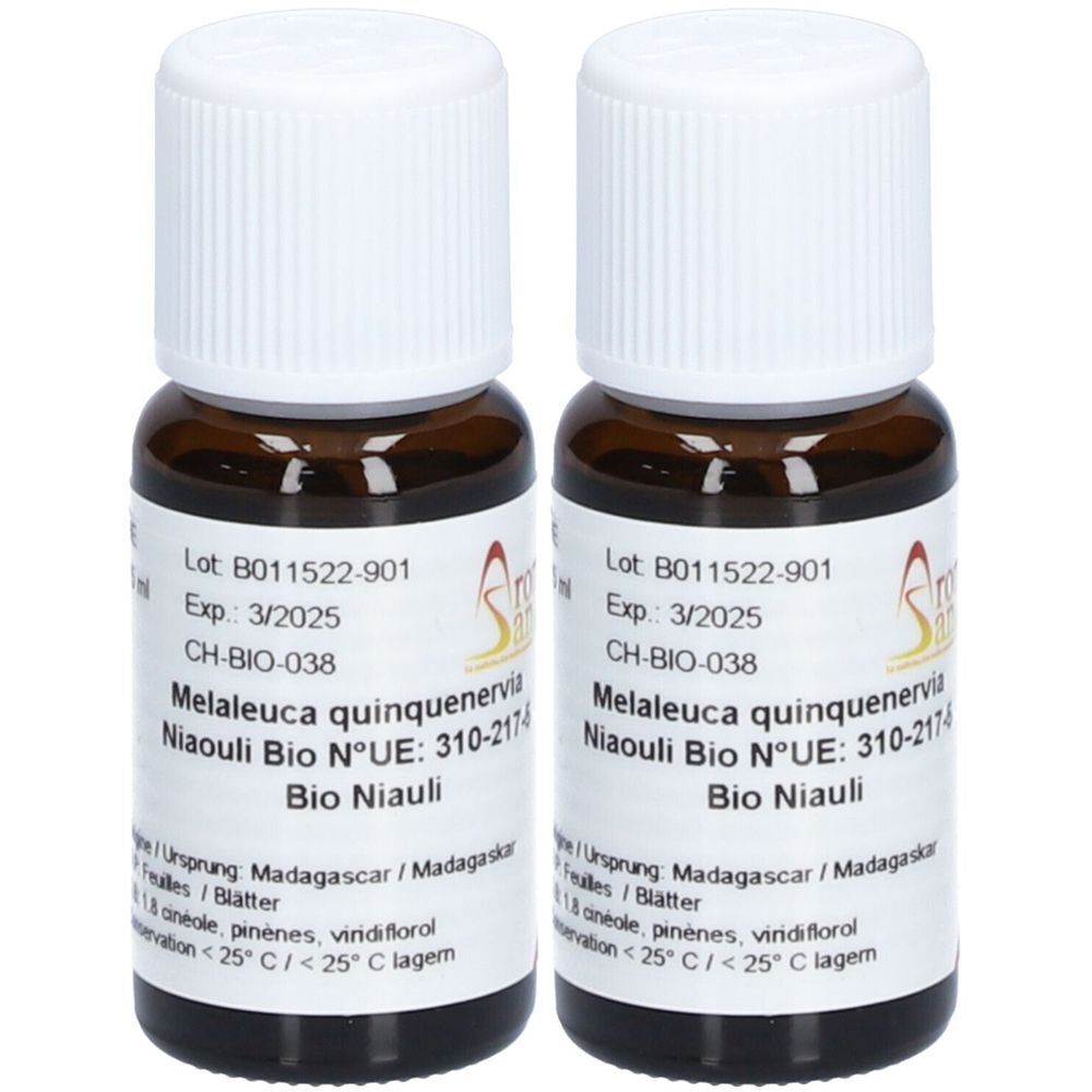 Zwei braune Glasflaschen mit weißen Deckeln. Etiketten mit Text: Niaouli Bio, Exp. 3/2025, CH-BIO-038.