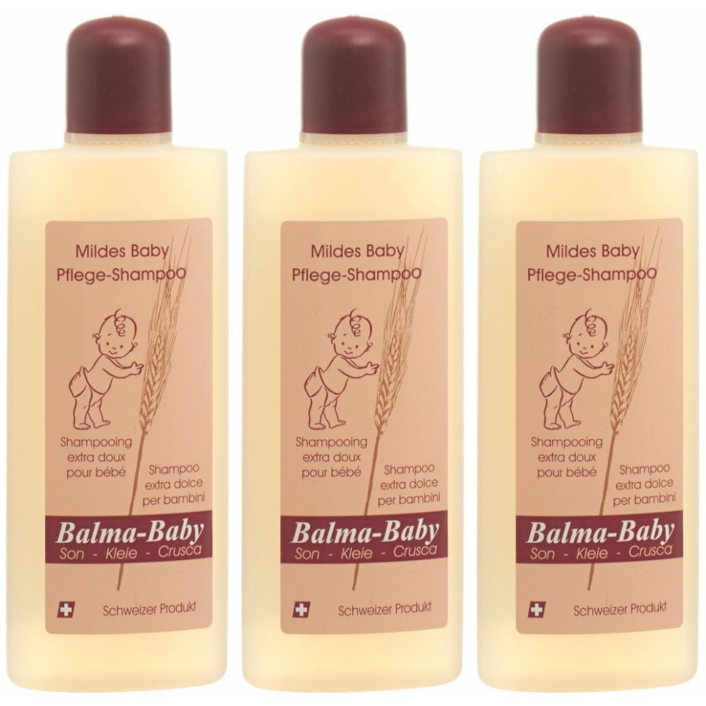 Drei Flaschen Baby-Shampoo. Beige Flüssigkeit, brauner Deckel. Etikett mit Baby-Illustration und Schriftzug: Balma-Baby.