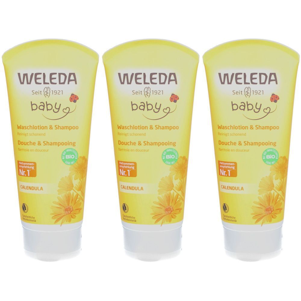 Trois tubes jaunes avec l'inscription WELEDA Baby. Lotion lavante & shampooing. Avec label bio. Calendula.