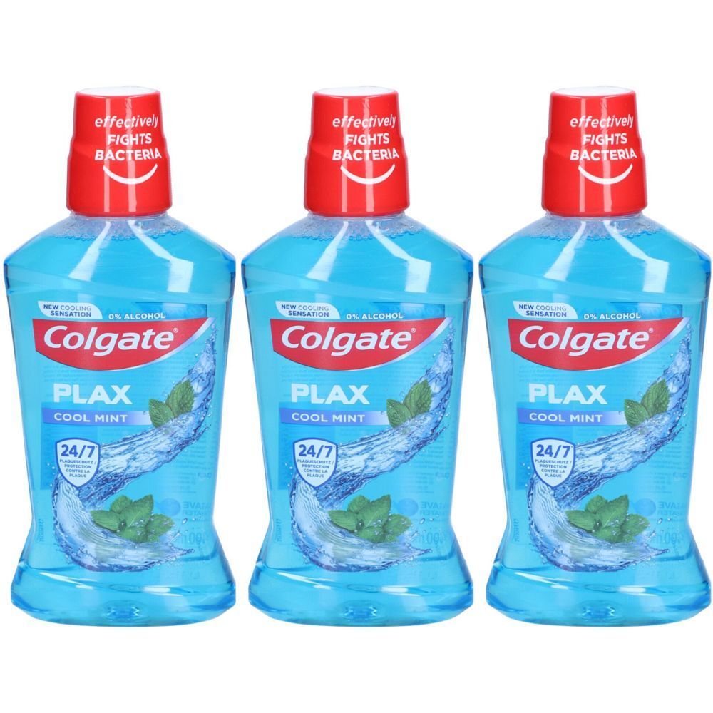 Trois bouteilles de bain de bouche Colgate Plax Cool Mint. Liquide bleu, bouchon rouge, texte blanc. Protection 24/7.
