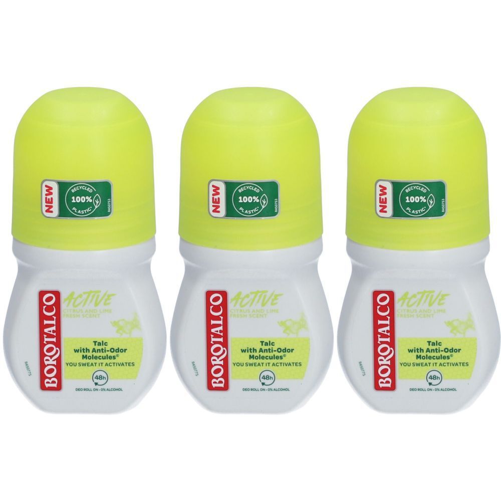 Drie witte deodorantrollers met gele doppen. Opschrift: BOROTALCO ACTIVE, Talc with Anti-Odor Molecules. Op de dop: 100% gerecycled plastic.