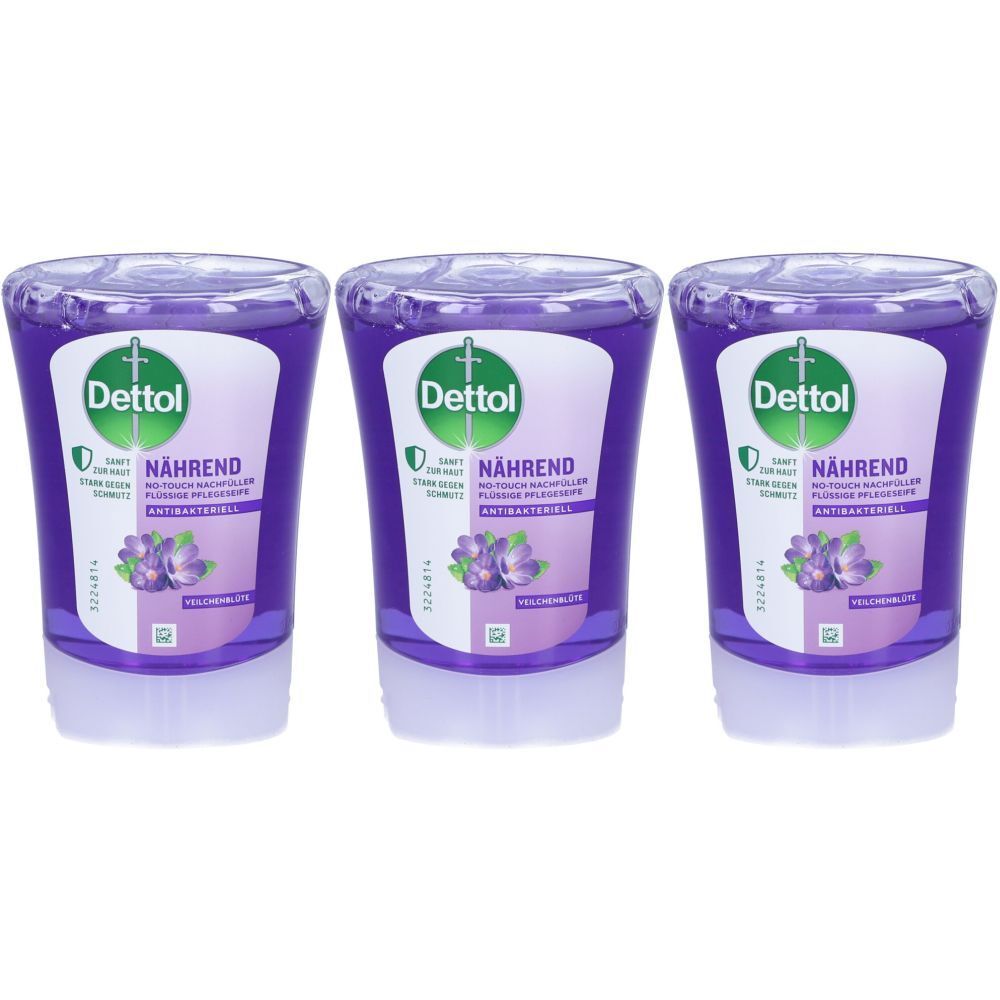 Drei violette Flüssigseifen-Spender. Auf jedem steht "Dettol" und "Nährend". Mit lila Blüten-Illustration.
