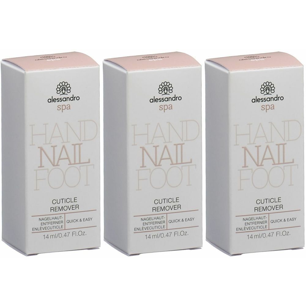 Drei rechteckige Schachteln mit rosa Deckel. Aufschrift: alessandro spa, HAND, NAIL, FOOT, CUTICLE REMOVER, 14 ml.