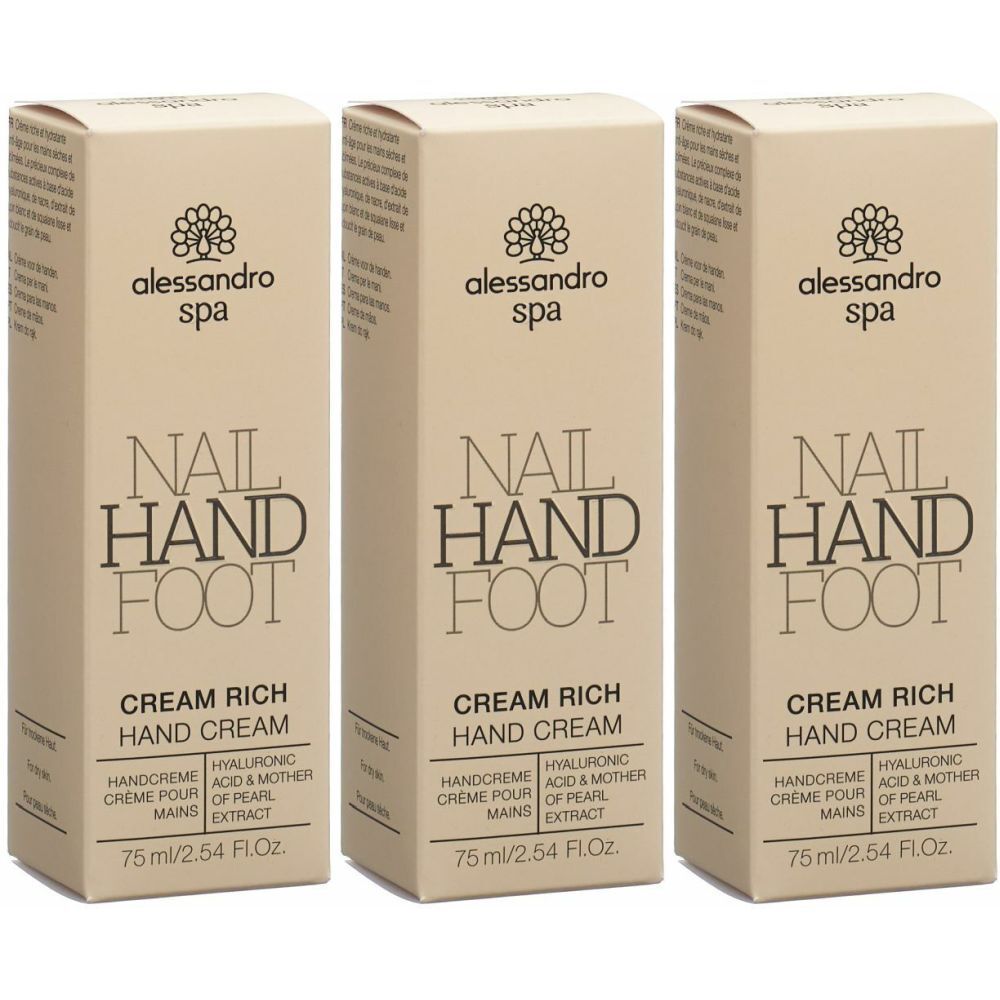 Drei cremefarbene Kartons mit Produktinformationen. Aufschrift: alessandro spa, Nail Hand Foot, Cream Rich Hand Cream.