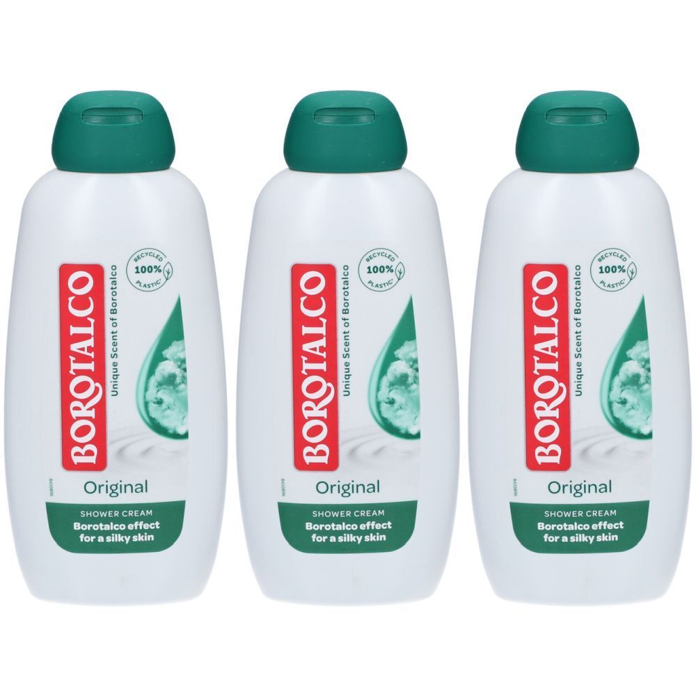 Drei weiße Flaschen mit grünem Deckel. Auf jeder Flasche steht BOROTALCO, Original und weitere Texte. 100% recyceltes Plastik.