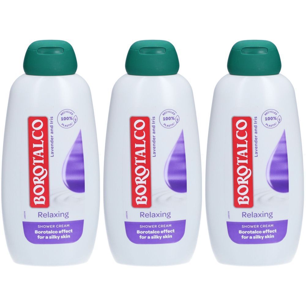 Drei weiße Flaschen mit grünem Deckel. Auf jeder Flasche steht "BOROTALCO Relaxing" und "Lavender and Iris".