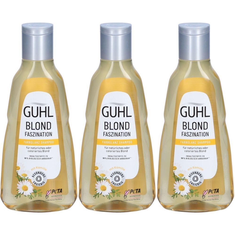 Trois flacons de shampooing GUHL Blond Faszination. Liquide jaune, bouchon argenté. Inscription GUHL, Blond, Faszination, logo PETA.