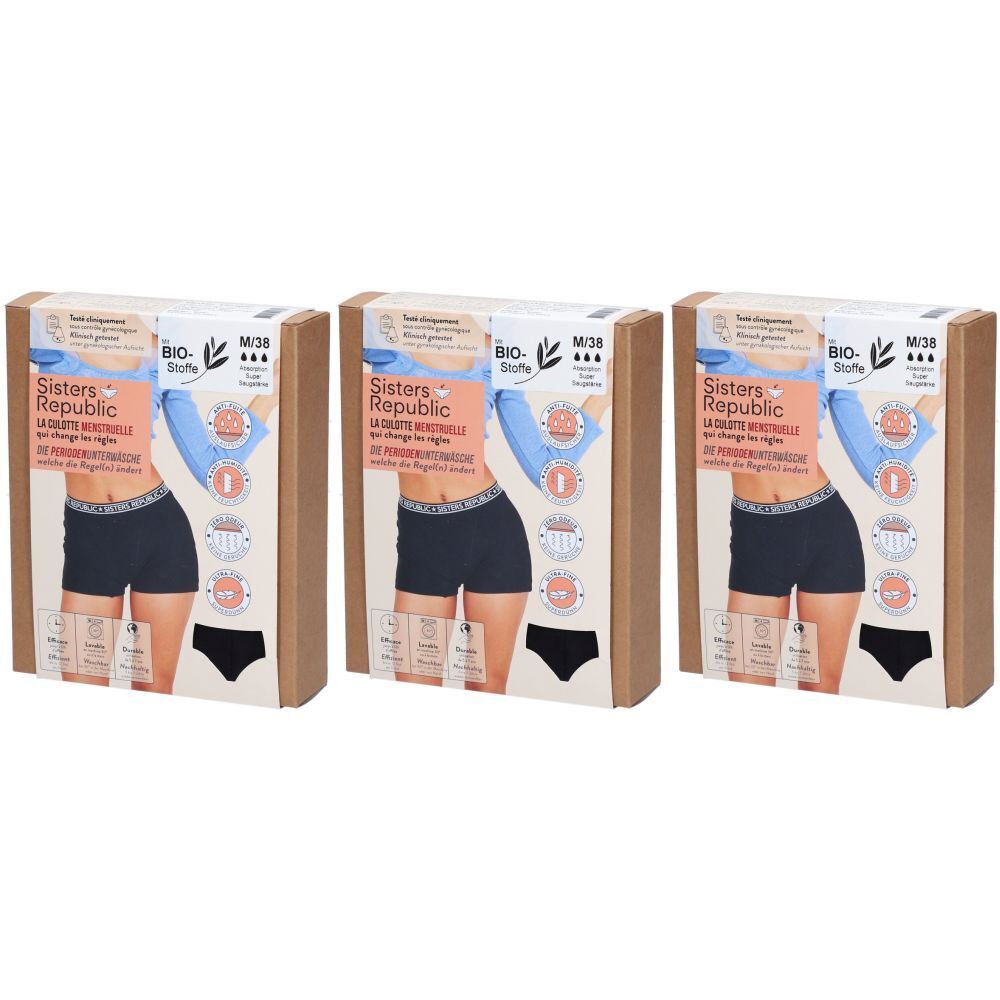 Trois boîtes de slips menstruels. Chaque boîte présente un modèle en sous-vêtements noirs. Le texte "Sisters Republic" est visible.