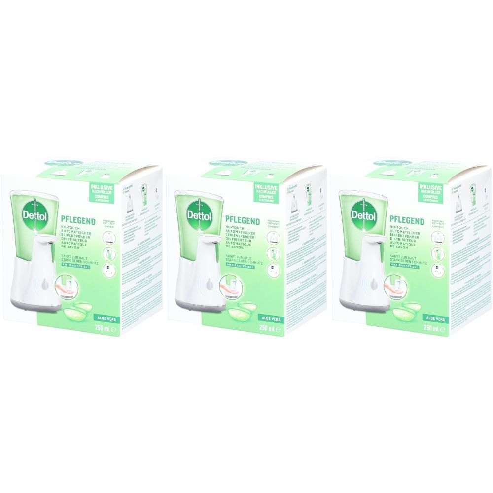 Drei Kartons mit einem weißen Seifenspender. Auf den Kartons steht "Dettol" und "Pflegend".