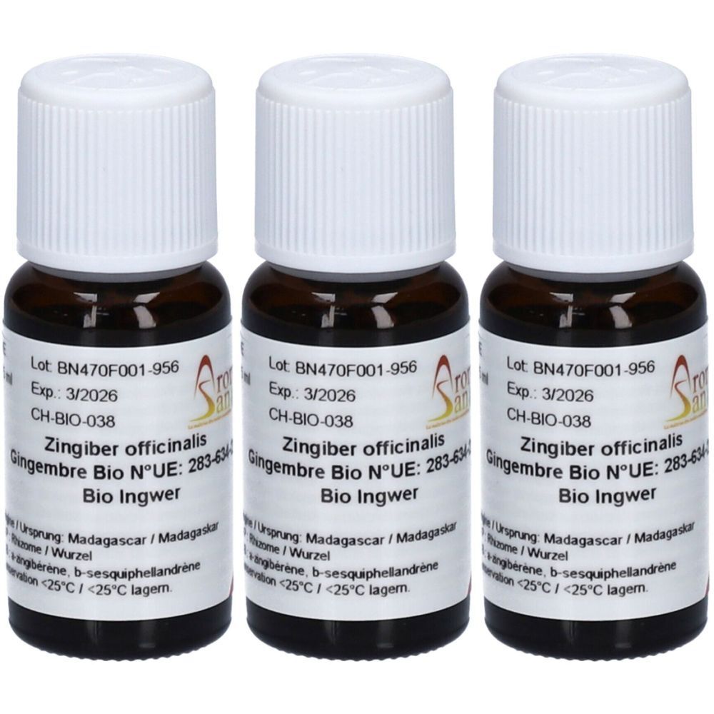 Trois flacons en verre brun avec des bouchons blancs. Étiquettes avec texte : Zingiber officinalis, Bio Ingwer. Numéro de lot et date d'expiration.