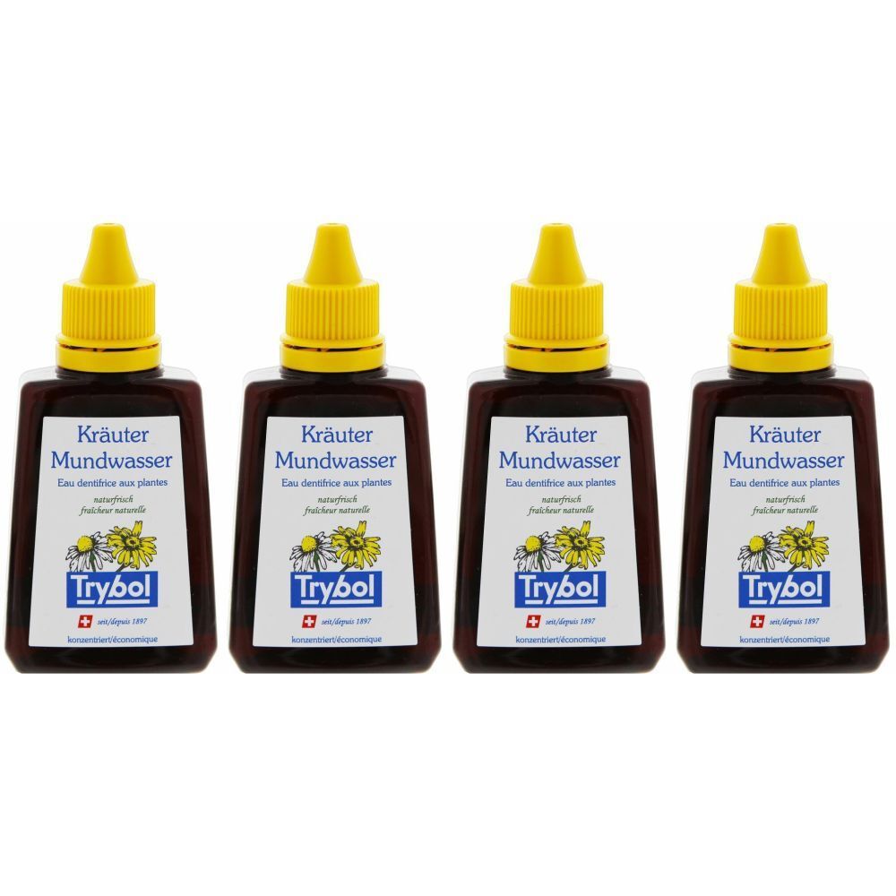 Vier Flaschen Kräuter-Mundwasser mit gelben Verschlüssen. Auf den Etiketten sind Produktinformationen und das Logo von Trybol abgebildet.