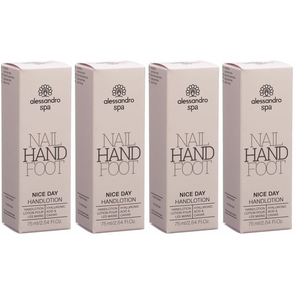 Vier rechteckige Kartons. Aufschrift: alessandro spa, Nail Hand Foot, Nice Day Handlotion. Text und Logo in Schwarz auf hellem Hintergrund.